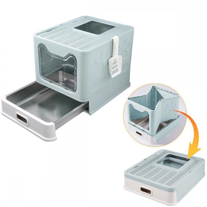 Meilleurs prix pour Bac à litière compact et hermétique pour chat-MENGDA-Pliable-Rampe incluse-Base en acier inoxydable-Anti-odeurs-Vert