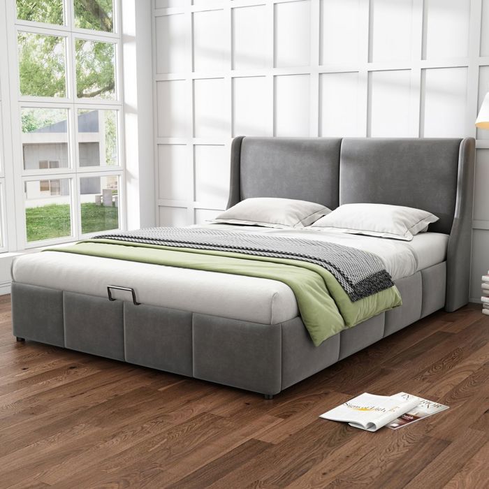 Lit Double Rembourré 140x200cm Forme Oreille-Tête de Lit Coussinée Sommier Hydraulique-Structure Stable Gris-Sans Matelas