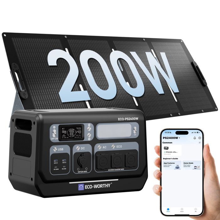 ECO-WORTHY PS2400 2400W Generateur Electrique Portable 200W Panneau Solaire2048Wh BatterieWiFi et Bluetooth Pour Camping