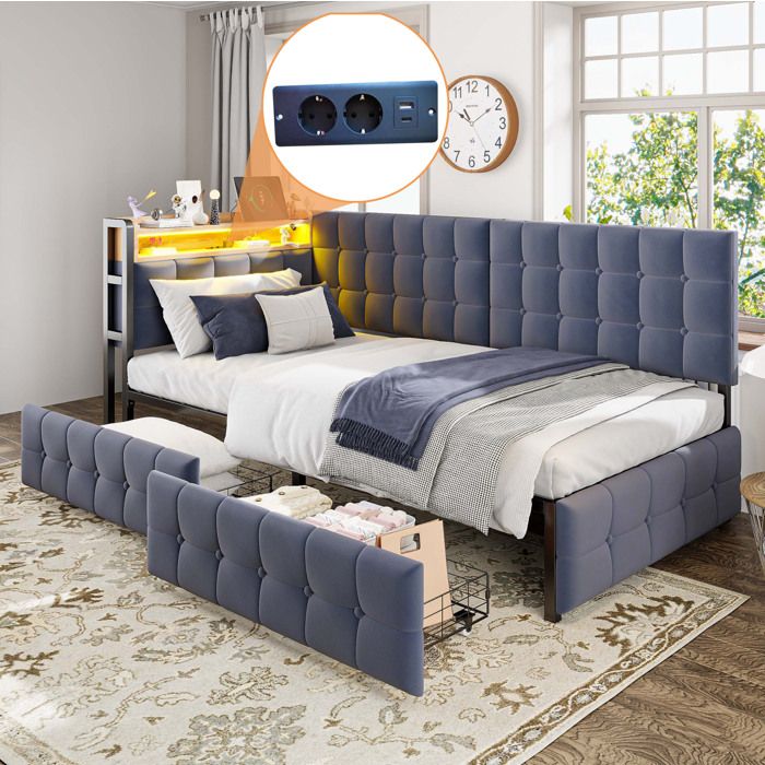 Lit banquette enfant 90×200 cm. LED. USB+Type C. avec 2 tiroirs. sommier tapissier. lit simple. sans matelas. gris foncé