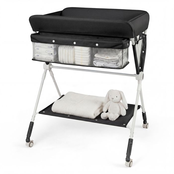COSTWAY Table à Langer Pliante pour Bébé avec Roulettes Étagère et Panier 3 Hauteur Réglable pour Nouveau-nés 0-1 An Noir COSTWAY Table à Langer Pliante pour Bébé avec Roulettes Étagère et Panier 3 Hauteur Réglable pour Nouveau-nés 0-1 An Noir