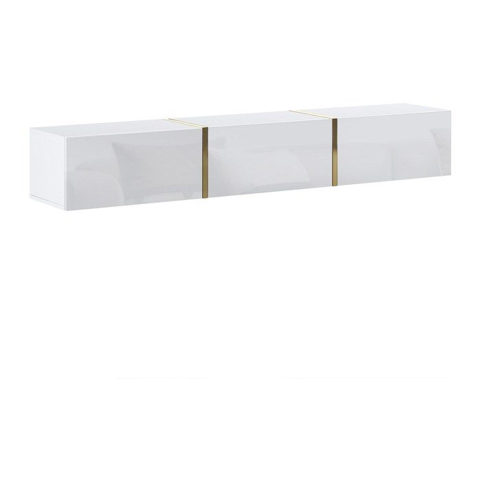 Meuble TV suspendu avec 3 portes - Blanc brillant et doré - MARZIALO Meuble TV suspendu avec 3 portes - Blanc brillant et doré - MARZIALO