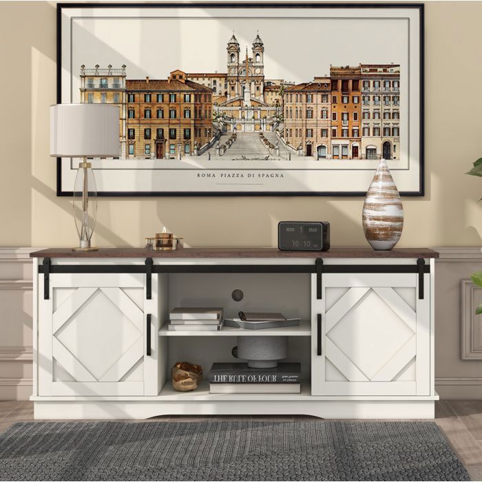 Meuble TV marron et blanc L 150 x P 40 x H 60 cm 2 portes coulissantes étagères réglables montage nécessaire