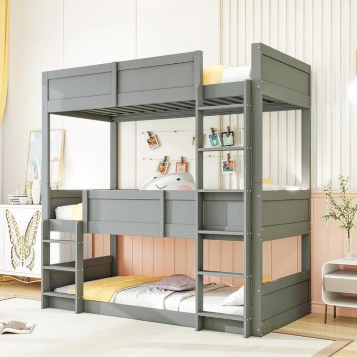 Lit triple 90 × 200 cm avec sommier à lattes en bois massif Lit enfant en bois Lit 3 personnes en gris