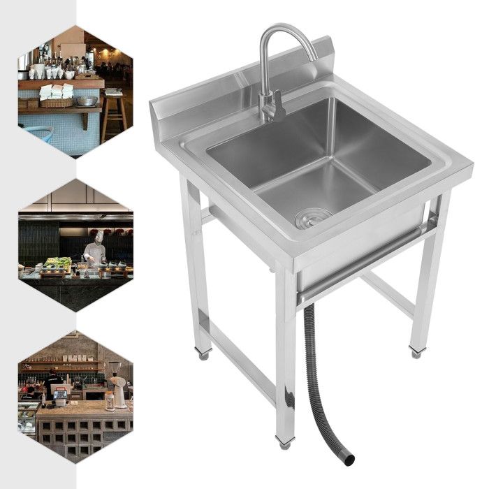Évier Inox 60x60x93 cm Etagere Inox Cuisine Professionnel 1 Bac Autoportant avec Robinet 360° pour Restaurant Garage Atelier
