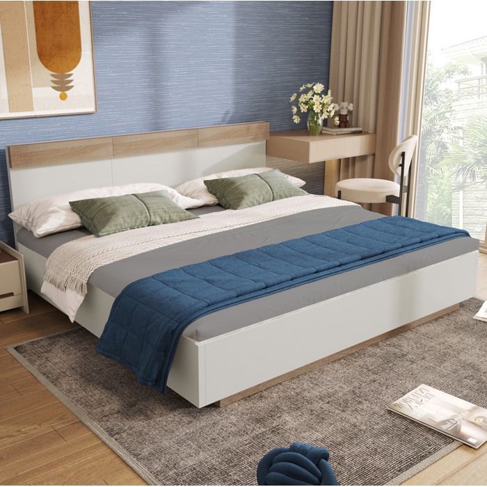 Lit double effet suspendu blanc et décor chêne avec tête de lit et sommier