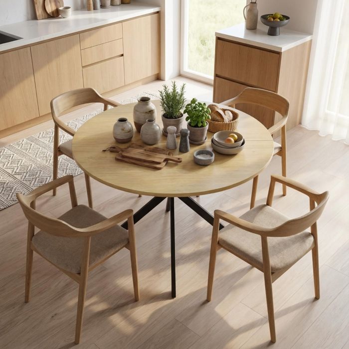 Table de salle à manger ronde pour 4 personnes style industriel pieds en acier chêne.