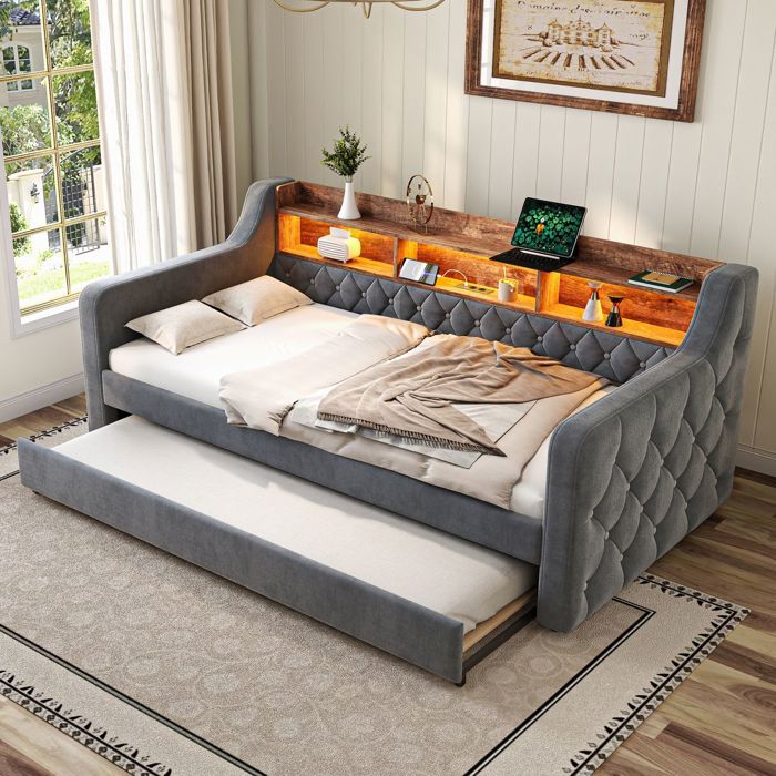 Canapé‑lit gigogne - Canapé gigogne - 90 x 190 cm - Velours gris - Rangement intégré