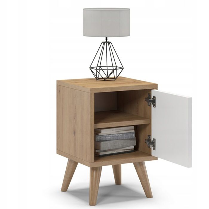 Table de chevet scandinave Oslo 30x30x45 cm porte réversible gauche/droite chêne et blanc meuble compact