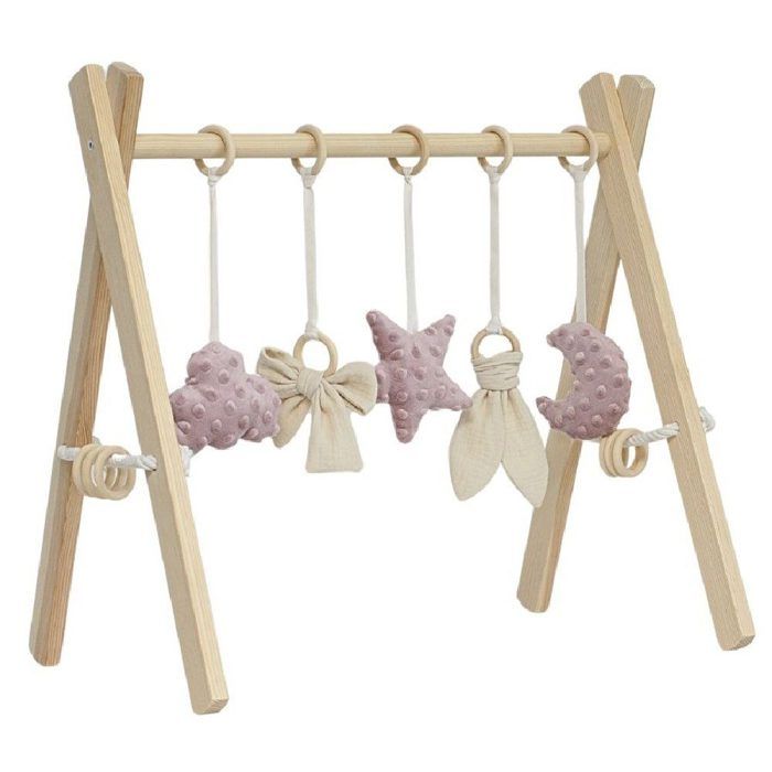 URFEDA Arche de Jeux en Bois pour Bébé Mobile Portique d'Éveil avec Nuages, Étoiles et Pendentifs Jouets Interactifs pour Bébés et Nouveau-nés 0-3 Ans