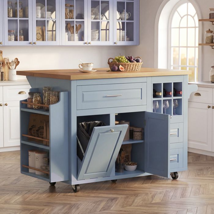Desserte de cuisine avec casier à bouteilles tiroir étagère à snacks et espace pour la poubelle îlot de cuisine à roulettes bleu