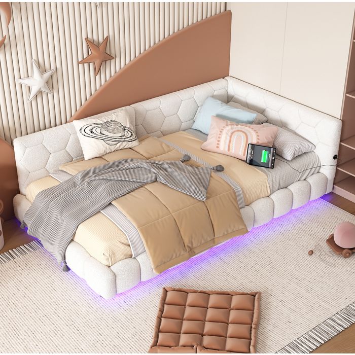 Lit banquette 90x200 cm avec éclairage LED 16 couleurs ports USB et Type-C sommier à lattes velours blanc