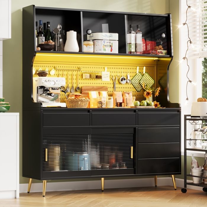Buffet Cuisine -Armoire haute moderne avec éclairage LED et commande par application - 145x39x171cm- portes coulissantes-Noir