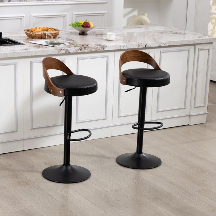 Ensemble 2 tabourets de bar pivotant 360° hauteur réglable dossier noyer assise similicuir noir cuisine bar restaurant 42.5x42x77cm