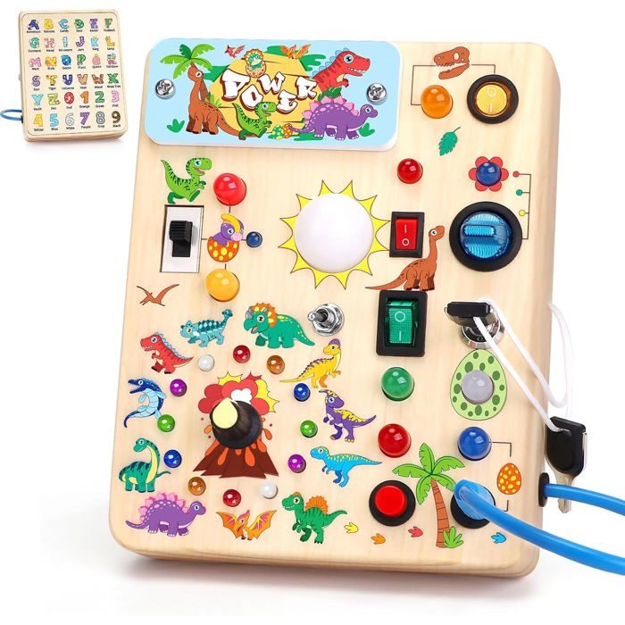 Jouet éducatif Montessori Busy Board avec motifs de dinosaures en bois avec 10 interrupteurs et 23 lumières LED jouet sensoriel