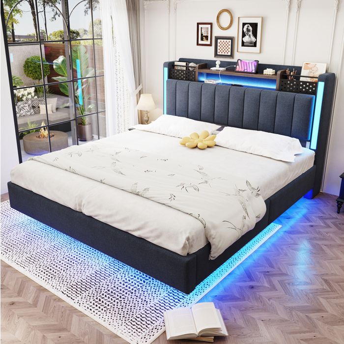 Lit Adulte 140×200 cm - LED et Prise USB - Coffre de Rangement - Lin Gris (Sans Matelas)