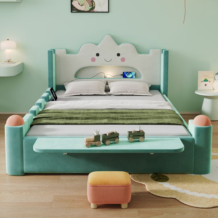 Lit enfant 140x200 cm – Lit rembourrédesign nuage avec LED et USB - tiroir rangement et tablette – Sommier inclus - bleu et vert