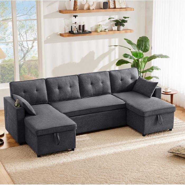 JOINERY Canapé convertible U 4 places grand format tissu coton lin gris avec rangement porte gobelet et 2 coussins pour salon