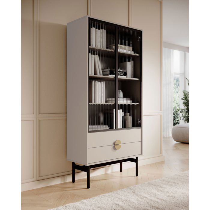 Vitrine haute - STOON II - 85 cm - avec quatre étagères et tiroirs - taupe (gris-beige)