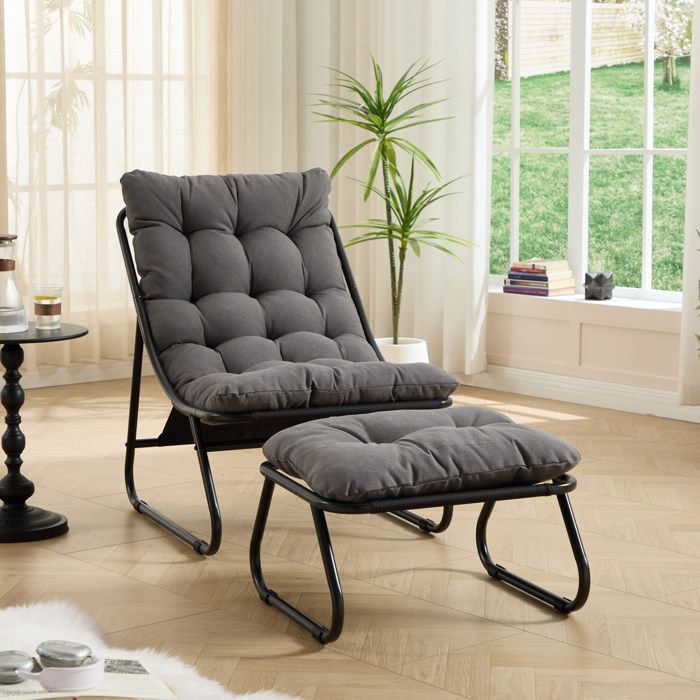 WOVREO Fauteuil lounge extérieur avec repose-pieds acier thermolaqué noir et coussins gris