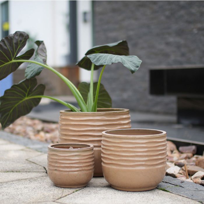 WOVREO Set de 3 pots de fleur ronds en ceramique faits main brun clair brillant pour interieur exterieur