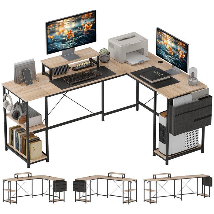 Bureau dAngle en L avec Support Moniteur Étagères et Sac de Rangement Bois Naturel