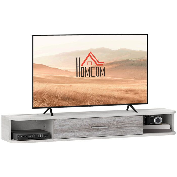 LIA TV mobile suspendu en bois avec 2 étagères ouvertes et un placard 120x26x16 cm blanc et gris