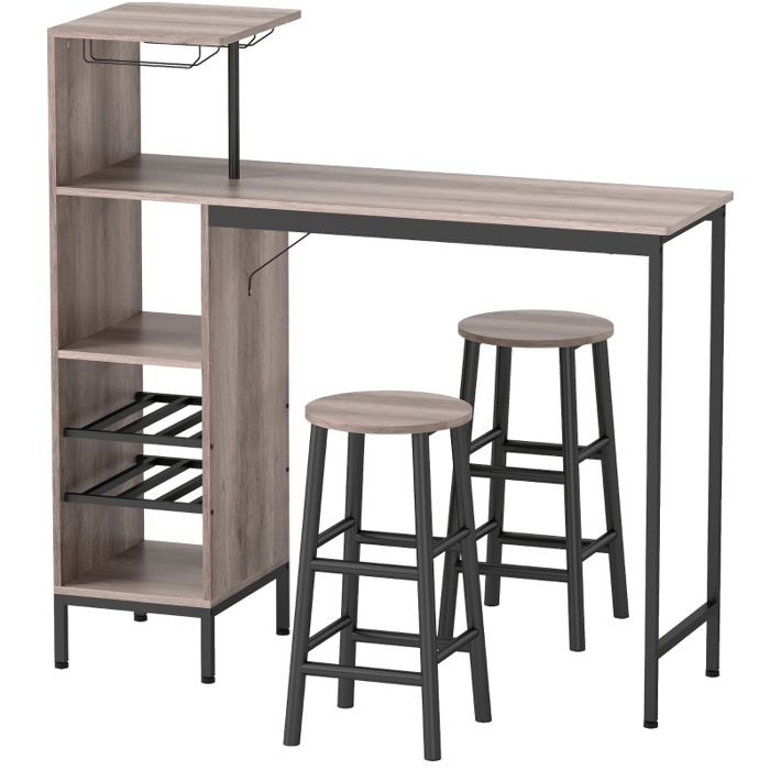 Ensemble bar 3 pièces gris avec table haute 121 5 x 40 x 122 cm rangements porte-bouteilles et 2 tabourets