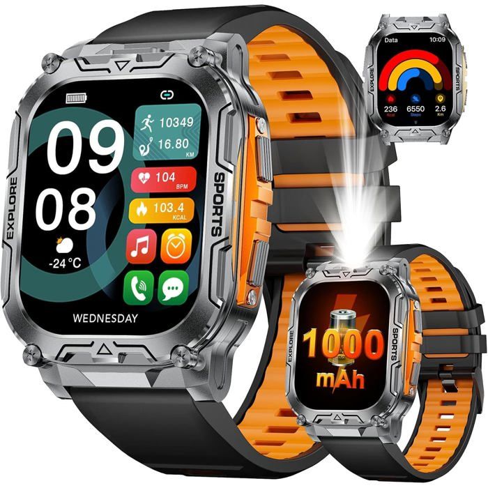 Montre Connectée Homme 1000mAh Longue Autonomie Batterie/1.7Grand Écran avec Appels/Lampe de Poche/IP68 Étanche Fréquence Orange
