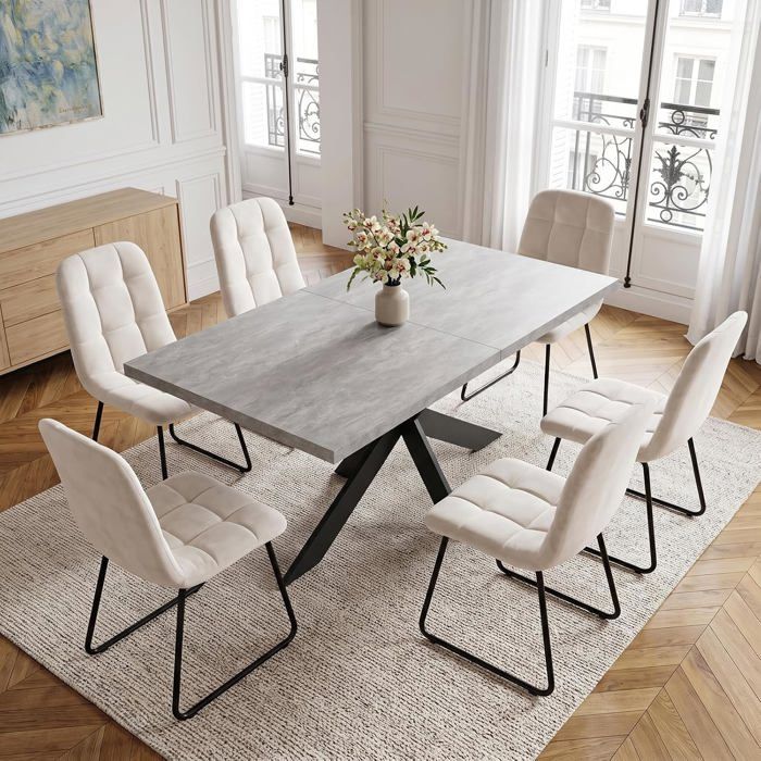JIEXI Ensemble de table à manger extensible et 6 chaises en velours beige 160-200 cm