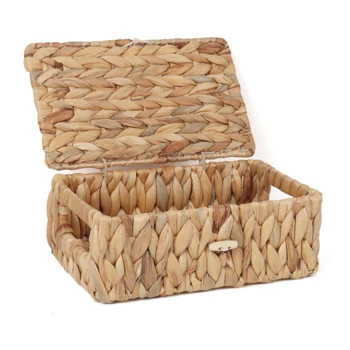 Panier de rangement en osier avec couvercle - lot de 2 - jacinthe deau cadre métallique - 33 x 25 x 18 cm - naturel