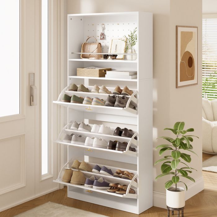 Armoire à chaussures compacte moderne Étagère à 3 compartiments pliants et 2 surfaces ouvertes Blanc tels que les baskets