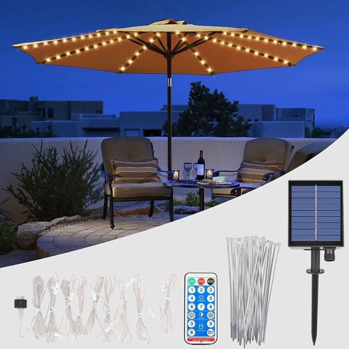 Guirlande Solaire 104 LEDs Pour Parasol - 8 Modes - Télécommande - IP67 Étanche - Jardin/Camping