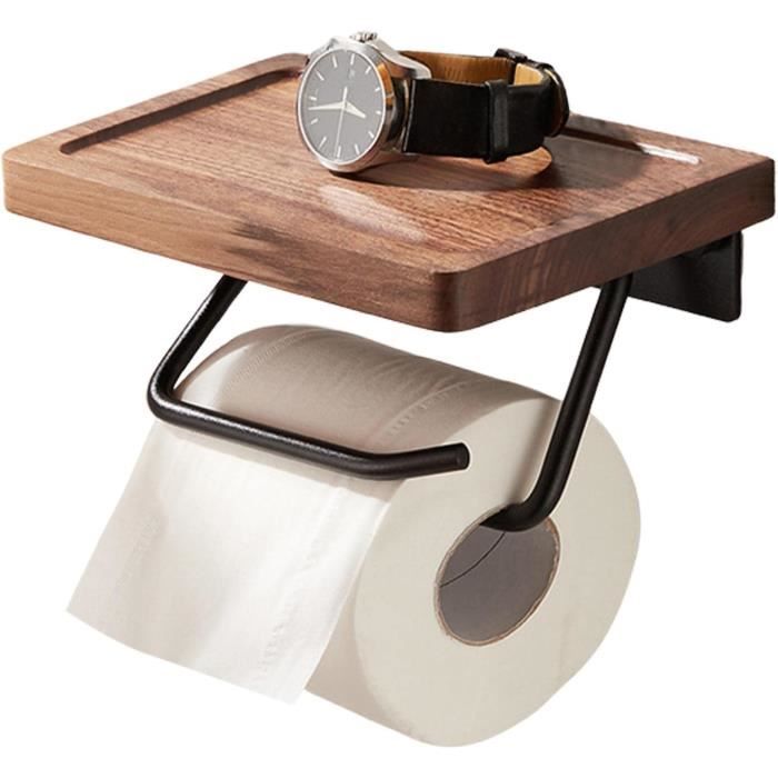 Porte Rouleau Toilette Bambou Naturel Avec Étagère - Installation Sans Perçage Adhésif 3M Ou Vis - Salle De Bain
