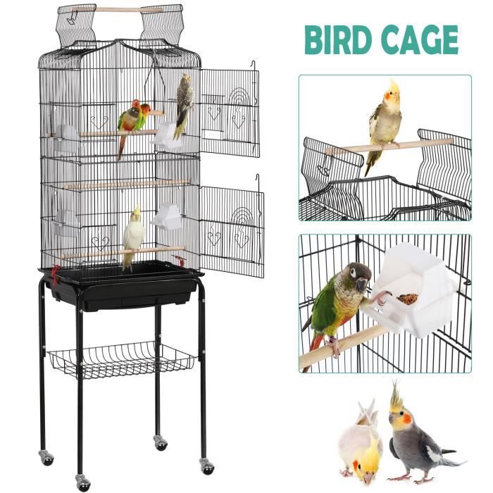 Cage à Oiseaux Poignée Portable 4 Mangeoires 3 Perchoirs Cage pour Perruche  Calopsitte Conure Pinson Canaris