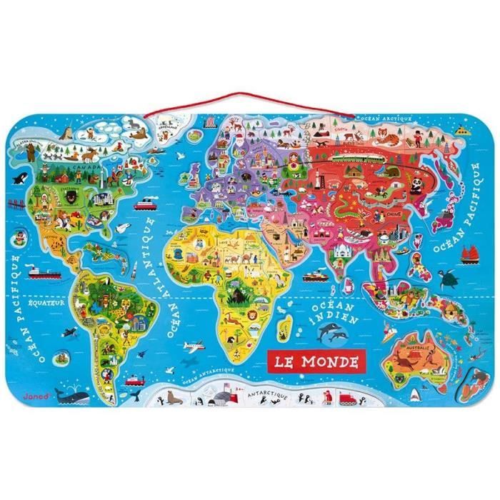 Janod - Puzzle Carte du Monde Magnétique en Bois - 92 Pièces Aimantées ...