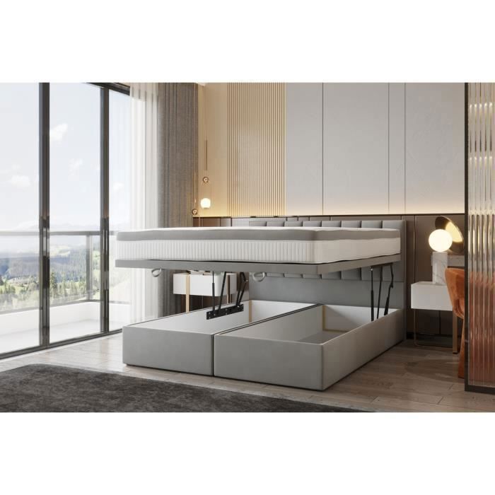 Lit adulte 200x200 cm BOND - avec rangement et matelas ressorts ensachés - tissu velours - gris Lit adulte 200x200 cm BOND - avec rangement et matelas ressorts ensachés - tissu velours - gris