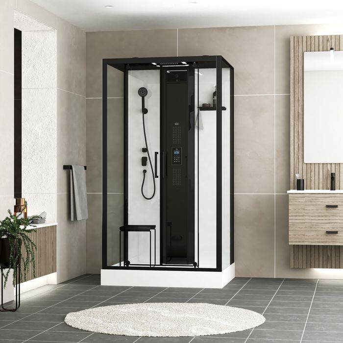 Cabine de douche hydrommassante connect&eacute;e 90 x 115 cm, noir et blanc, Galedo Relax Hammam