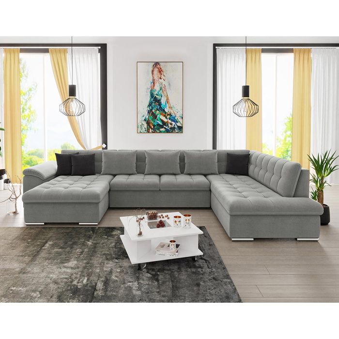 Chuck - canapé panoramique dangle droit XXL - convertible avec coffre - 7 places - Gris