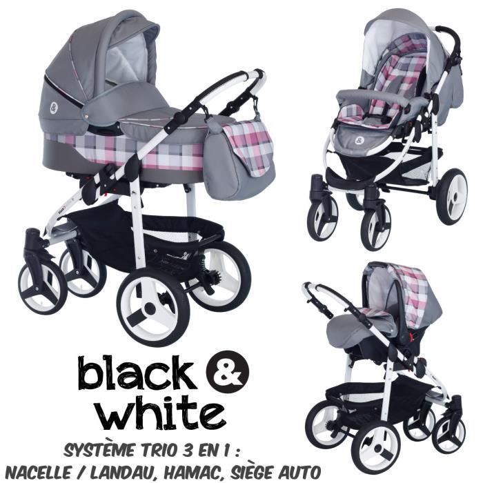 Poussette Combin e Trio 3 en 1 B W Gris Carreaux roses