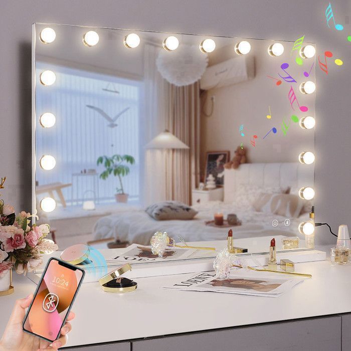 FENCHILIN Hollywood Miroir De Maquillage Smart Bluetooth / USB Charge /10x Loupe /Dispose Tricolore Luminaire -80cmx58cm