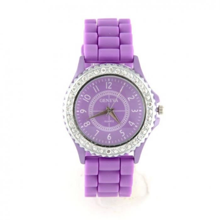 Montre Femme Geneva Bracelet Silicone Violet Mouvement Quartz  Affichage Analogique Boîtier Rond