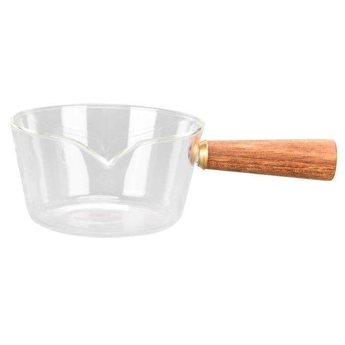 Pot à Lait En Verre Borosilicate 400 Ml - Bec Verseur En V - Poignée En Bois - Pour Cuisinière à Gaz