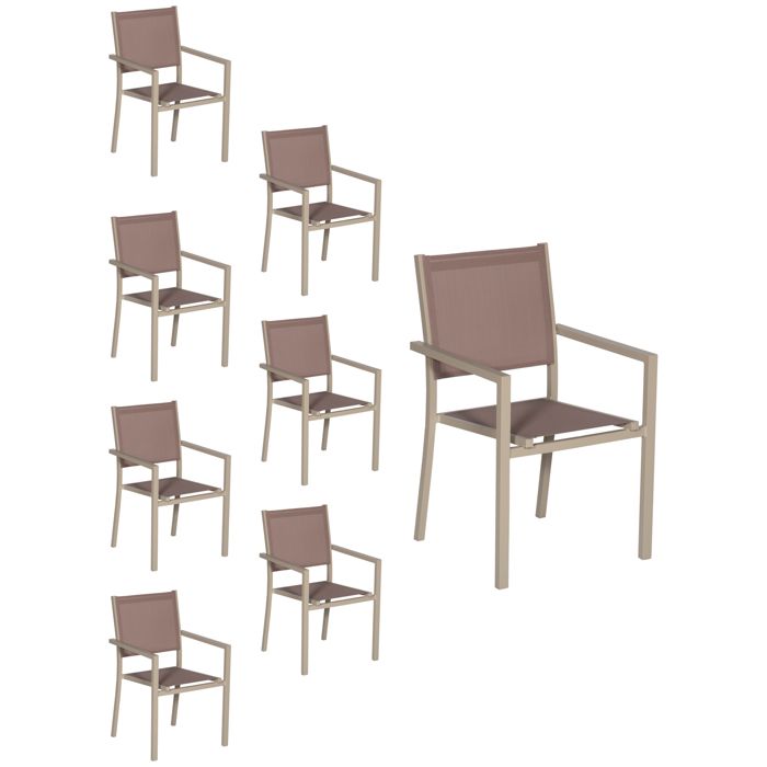 Lot de 8 chaises en aluminium taupe - textilène taupe Lot de 8 chaises en aluminium taupe - textilène taupe