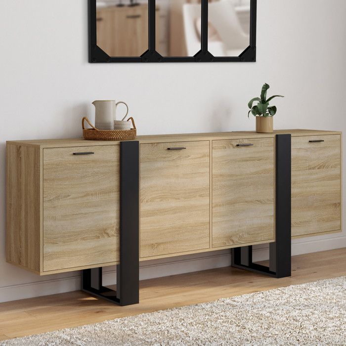 ID MARKET buffet PHOENIX 4 portes 200 cm Loft bois et noir