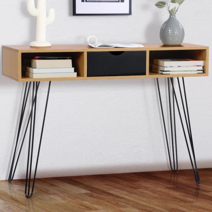 Console vintage NOEMI 1 tiroir bois pied épingle - IDMARKET - Meuble de séjour - Noir - 100 x 35 x 72 cm