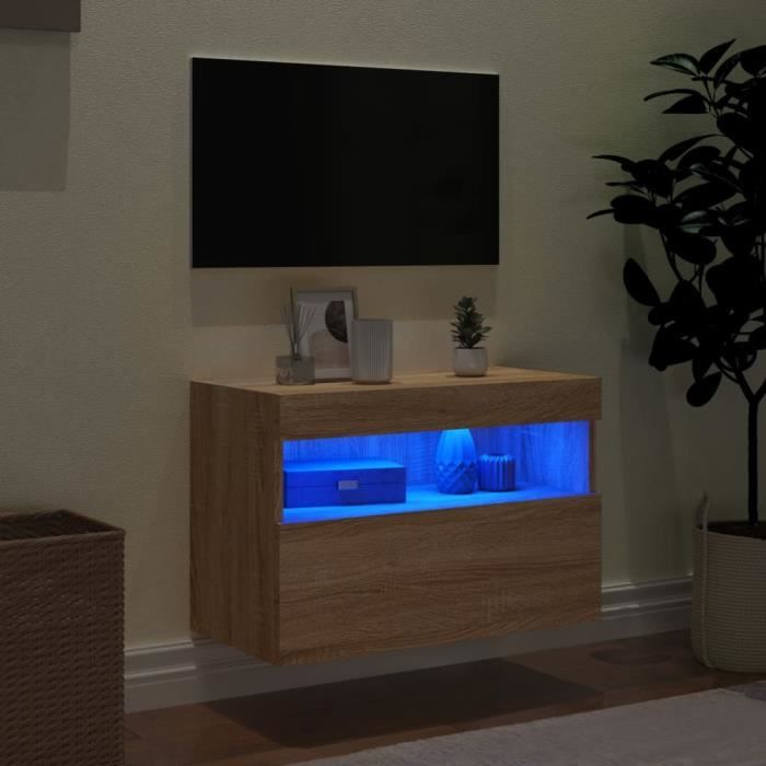 Meuble TV mural - KEENSO - 84506 - Chêne sonoma - 60x30x40 cm - Lumières LED RVB