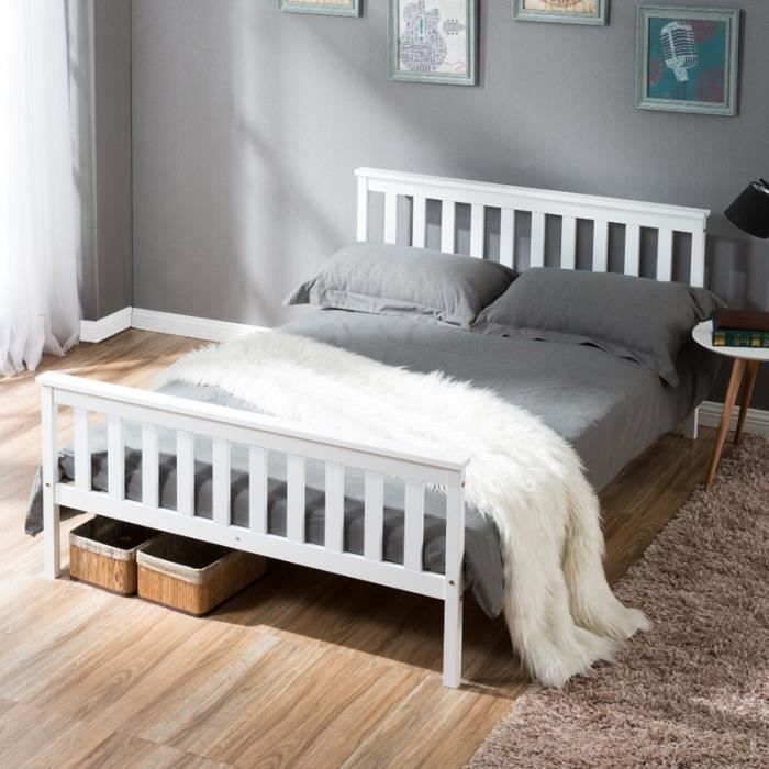 Lit En Bois De Double Cadre En Bois De Lit Double En Blanc Pour Des Adultes Des Enfants Des Adolescents 196 143 62cm Achat Vente Lit Combine Lit En Bois De Double
