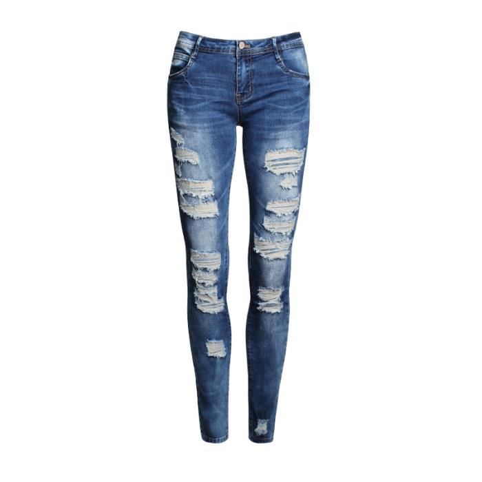 Jean femme troué élastique coupe slim taille basse élastique SIMPLE FLAVOR  Bleu - Cdiscount Prêt-à-Porter