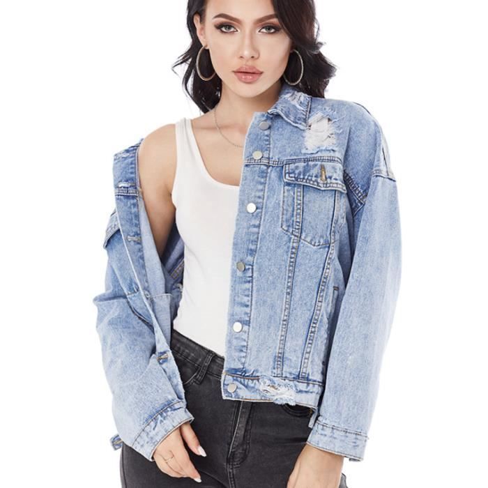 Veste en Jean pour Femme, Blouson Trous en Denim Jacket Décontractée